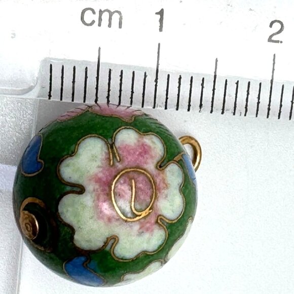 Cloisonne 2 Green Color Beads 16 MM Red White Pink Flowers Beads - Picture 4 of 9